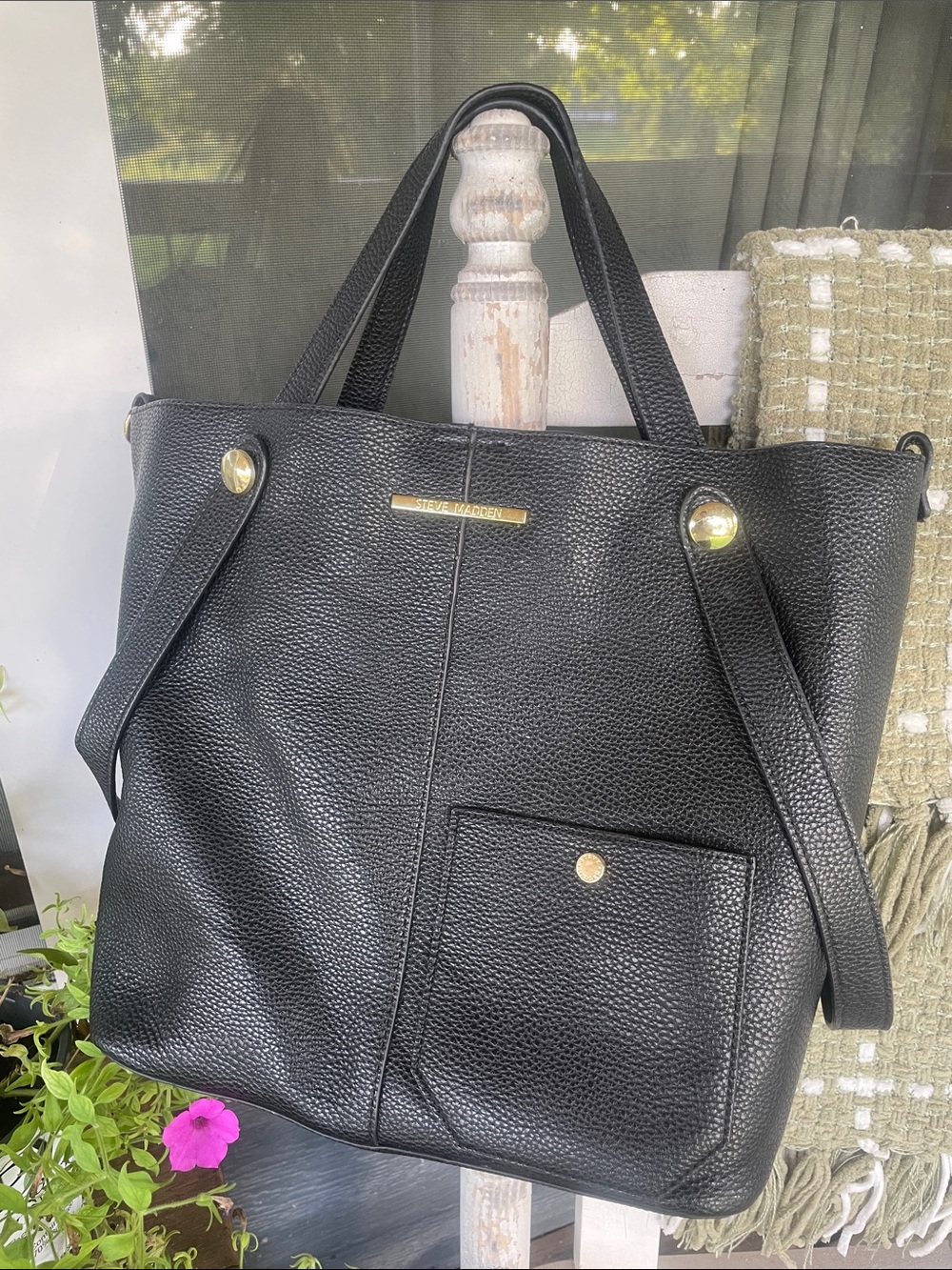 Steve Madden Black Pebbled Leather Tote with Front Pocket